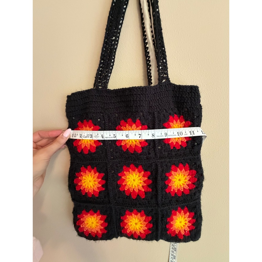 Handmade Crochet Square Tote Bag Black Red Floral Boho Lined Shoulder Bag - Picture 5 of 6